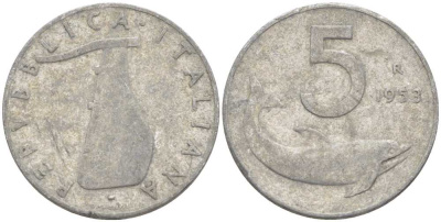 Италия 5 лир 1953 R, дельфин, плуг KM 92 алюминий 28-1143