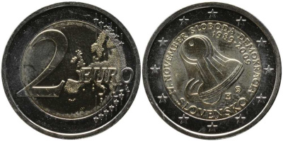 Словакия 2 евро 2009 20 лет Бархатной Революции, колокол KM 107 биметалл UNC 115-1211