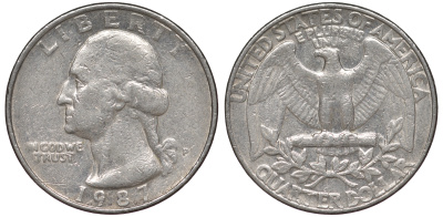 США 25 центов = квотер 1987 P, Вашингтон KM A164a медь плакированная медно-никелем 4543-536