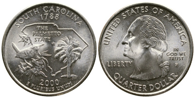 США 25 центов = квотер 2000 P, серия штаты США, Южная Каролина KM 307 медь плакированная медно-никелем 56-326