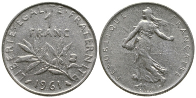 ФРАНЦИЯ 1 ФРАНК 1961 СЕЯТЕЛЬ KM 925.1 никель 93-1437