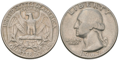 США 25 центов (квотер) 1967 Вашингтон KM 164a медь плакированная медно-никелем 4601-1144