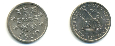 ПОРТУГАЛИЯ 5 ЭСКУДО 1975 ПАРУСНИК KM 591 медно-никель 176-233