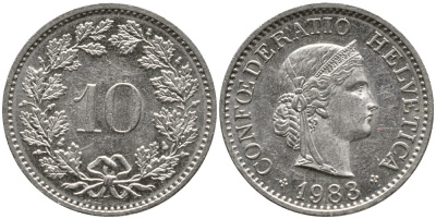 ШВЕЙЦАРИЯ 10 РАППЕНОВ 1983 KM 27 медно-никель 4539-525