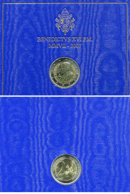 Ватикан 2 евро 2007 80 лет Бенедикту XVI, в оригинальном буклете KM 399 биметалл UNC 1-4-4-04