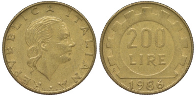 Италия 200 лир 1986 R, шестерня KM 105 алюминиевая бронза 4128-1255