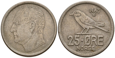 Норвегия 25 эре 1963 Улаф V (1958-1991), синица KM 407 медно-никель 4154-812