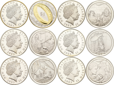 Новая Зеландия набор из 6 монет по 1 доллару 2003 серия властелин колец, монета с великим кольцом, коробка, сертификат КМ 141a, КМ 247, КМ 248, КМ 249, КМ 250, КМ 251, КМ 253 серебро UNC 14-01-04-04