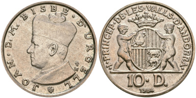 Андорра 10 динеров 1984 Жоан Марти-и-Аланис. Епископ Уржеля, тираж 7500 экз. KM 17 серебро UNC 1526-612