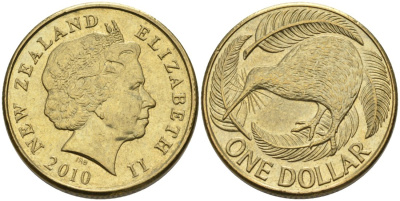 Новая Зеландия 1 доллар 2010 Елизавета II (1952-2022), птица киви  KM 120 алюминиевая бронза 60-211