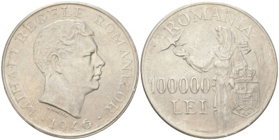 Румыния 100000 леев 1946 KM 71 серебро UNC 4368-915