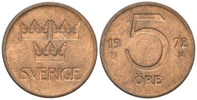Швеция 5 эре 1972 Густав VI Адольф (1950-1973) KM 845 бронза 4618-115