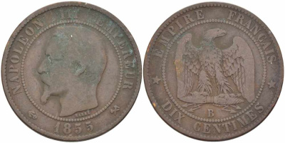Франция 10 сантимов 1855 B, Наполеон III (1852-1870) KM 771.2, Le Franc 133.21 бронза 38-1026