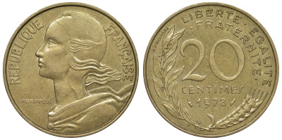 Франция 20 сантимов 1978 тип Marianne KM 930, Le Franc 156.18 медь алюминий никель 4128-231
