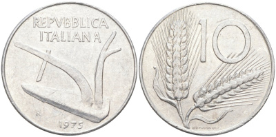 Италия 10 лир 1975 R, КОЛОС, плуг KM 93 алюминий 4519-1013