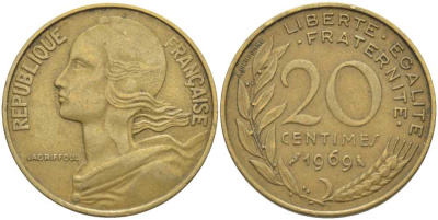 ФРАНЦИЯ 20 САНТИМОВ 1969 ТИП MARIANNE KM 930, LE FRANC 156.9 медь алюминий никель 175-833