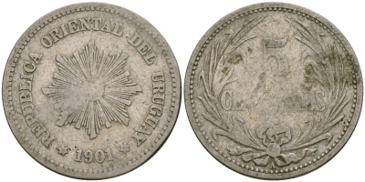 Уругвай 5 сентесимо 1901 KM 21 медно-никель 4135-345