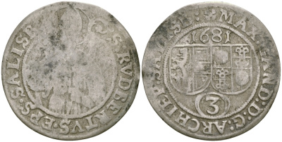 АВСТРИЯ, ЗАЛЬЦБУРГ 3 КРЕЙЦЕРА 1681 СВЯТОЙ РУПЕРТ KM 228 серебро 99-866