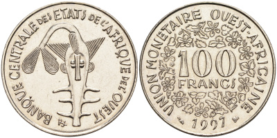 Валютное сообщество стран Западной Африки 100 франков 1997  KM 4 никель  UNC  4595-817