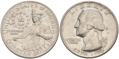 США 25 центов = квотер 1976 200 лет независимости (1776-1976), Вашингтон, барабанщик KM 204 медь плакированная медно-никелем 4114-814