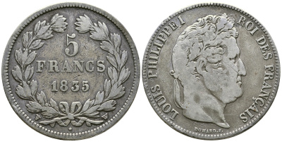 Франция 5 франков 1835 W, Луи Филипп I (1830-1848) KM 749.13 серебро 1066-6-45