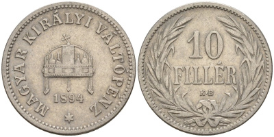 Венгрия 10 филлеров 1894 KB, Франц Иосиф I (1848-1916) KM 482 никель 4151-1068