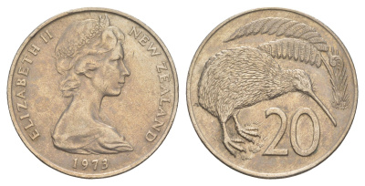 Новая Зеландия 20 центов 1973 Елизавета II (1952-2022), птичка киви KM 36 медно-никель 93-914