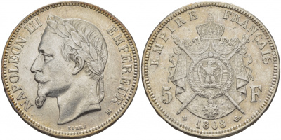 Франция 5 франков 1868 BB, Наполеон III (1852-1870) KM 799.2, Le franc 331/13 серебро aUNC 00-1067-1-32