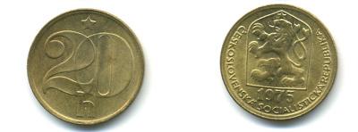 ЧЕХОСЛОВАКИЯ 20 ГЕЛЛЕРОВ 1975 KM 74 латунь 89-1815