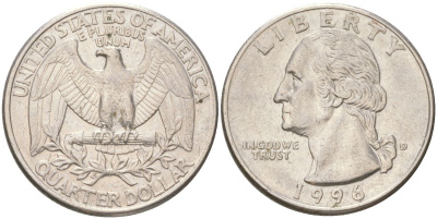 США 25 центов = квотер = 1/4 доллара 1996 D, Вашингтон KM 164a медь плакированная медно-никелем aUNC 4143-156
