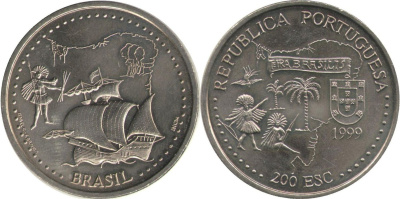 Португалия 200 эскудо 1999 500 лет с момента открытия Бразилии KM 718 медно-никель UNC 4677-531