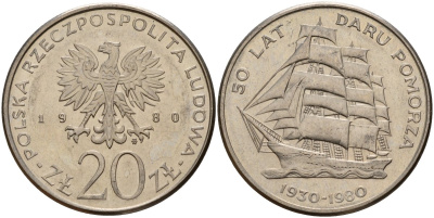 Польша 20 злотых 1980 MW, 50 лет фрегату «Дары Поморца» KM 112, Parchimowicz 253 медно-никель 4157-1015