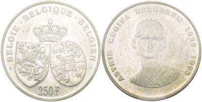 Бельгия 250 франков 1995 Belgie-Belgique, 60 лет со дня смерти королевы Астрид (1935-1995) KM 199 серебро UNC 1521-545
