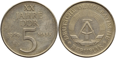 ГДР 5 марок 1969 А, 20 лет ГДР KM 22.1, J. 1524 никель бронза 4394-144