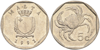 Мальта 5 центов 1991 краб KM 95 медно-никель 4387-1041