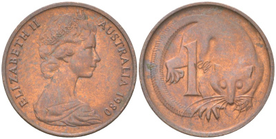 Австралия 1 цент 1980 Елизавета II (1952-2022), опоссум KM 62 бронза 4621-1065