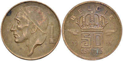 Бельгия 50 сантимов 1953 Belgie, Бодуэн I (1951-1993) KM 149.1 бронза 4528-963
