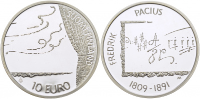 Финляндия 10 евро 2009 Фредрик Пациус, композитор KM 148 серебро  PROOF 1077-8-62