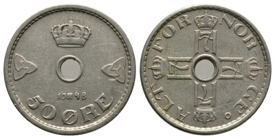Норвегия 50 эре 1948 Хокон VII (1905-1957) KM 386 медно-никель 89-1527