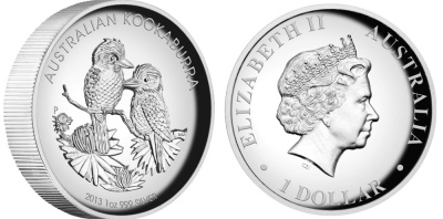Австралия 1 доллар 2013 две кукабары на ветке, высокорельефная KM NEW серебро PROOF 1074-2-11
