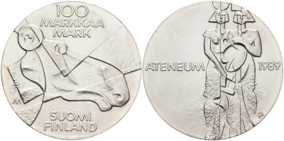 Финляндия 100 марок 1989 Центральный художественный музей Атенеум, лось KM 75 серебро UNC 1525-1333