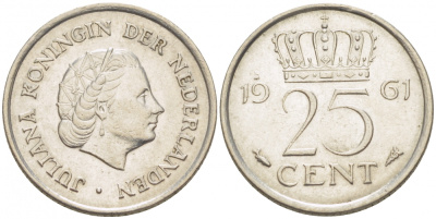 НИДЕРЛАНДЫ 25 ЦЕНТОВ 1961 ЮЛИАНА KM 183 никель 214-749