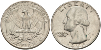 США 25 центов (квотер) 1972 D, Вашингтон KM 164a медь плакированная медно-никелем 73-327