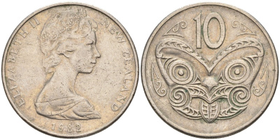 Новая Зеландия 10 центов 1982 Елизавета II (1952-2022), маска маори KM 41.1 медно-никель 4126-1231