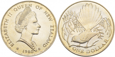 Новая Зеландия 1 доллар 1980 веерохвостка на ветке, Елизавета II (1952-2022) KM 49 медно-никель UNC 107-531