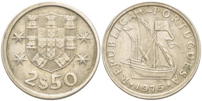 ПОРТУГАЛИЯ 2,5 ЭСКУДО 1975 ПАРУСНИК KM 590 медно-никель 4513-1145