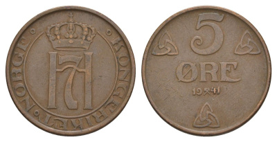 Норвегия 5 эре 1941 Хокон VII (1905-1957) KM 368 бронза 4635-534