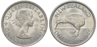 Новая Зеландия 1 флорин 1965 Елизавета II (1952-2022), птичка киви KM 28.2 медно-никель XF-UNC 51-622