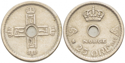 НОРВЕГИЯ 25 ЭРЕ 1927 ХОКОН VII (1905-1957) KM 384 медно-никель XF 3309-759