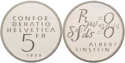 ШВЕЙЦАРИЯ 5 ФРАНКОВ 1979 100 ЛЕТ СО ДНЯ РОЖДЕНИЯ АЛЬБЕРТА ЭЙНШТЕЙНА, ФОРМУЛА KM 58 медно-никель PROOF 02-265-31